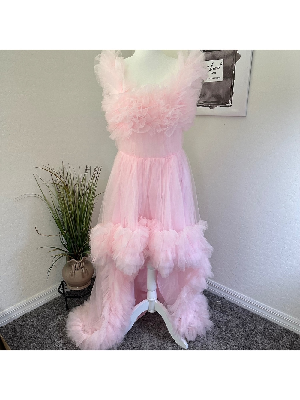 Pink High Low Tulle Bridal Shower Dress Ruffle Train Wedding Reception Gown NWT - Picture 2 of 11